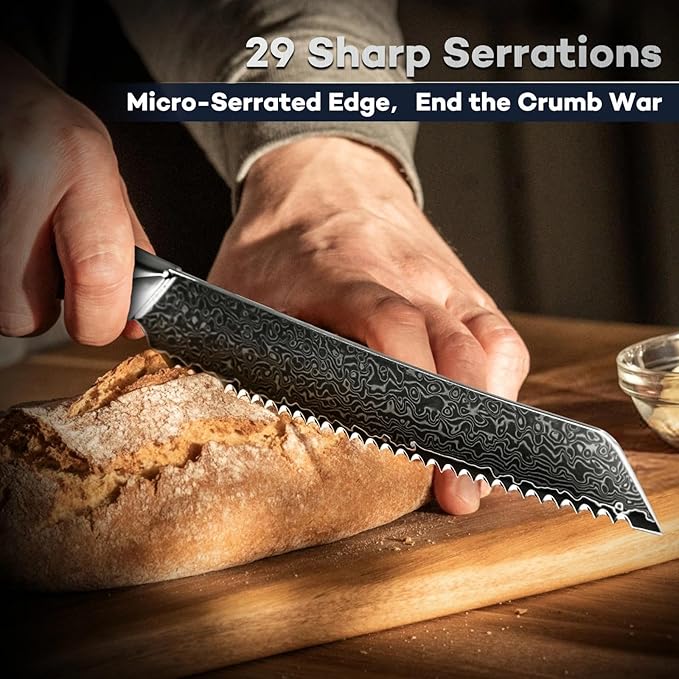 DRAGON RIOT 8 Inch Bread Knife with Damascus Pattern, VG10 Steel Core, High Carbon Stainless Steel Serrated Blade, Ergonomic Curved Handle, Easy to Clean, Kitchen & Baking Gift