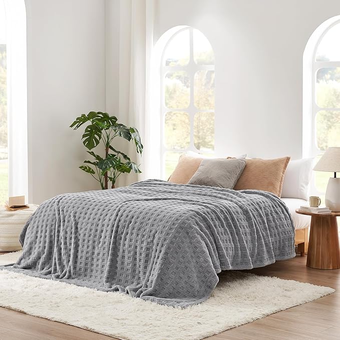 Cozy Bliss Ultra Soft Waffle Blanket - Lightweight Cozy Blankets Gift for Women,Cute Checkered Throws Blanket for Bed, Couch and Sofa,Grey,66x90 Inches