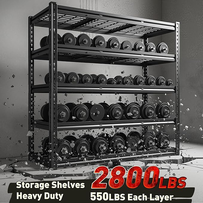 REIBII 48" W Garage Shelving 2800LBS Garage Storage Shelves Metal Shelves 5 Tier Adjustable Shelving Unit for Warehouse Basement Pantry 48.2" W X 17.8" D X 72.2" H