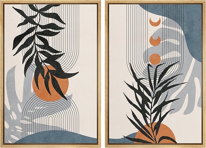 SIGNFORD Framed Canvas Print Wall Art Forest Plant Silhouettes & Mid-Century Symbols Abstract Shapes Illustrations Modern Boho Nature Chic for Living Room, Bedroom, Office - 24"x36"x2 Natural