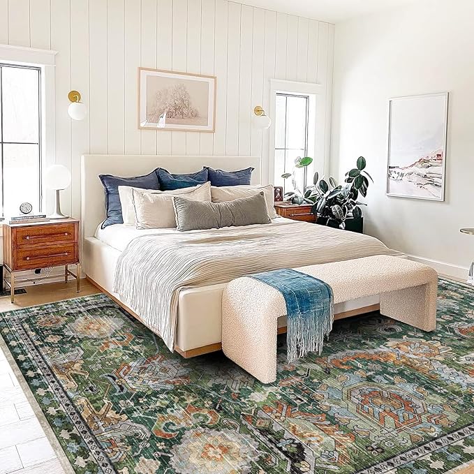 RUGSURE Washable Area Rugs - Perfect for Living Room, Bedroom, Kids Room, Nursery - Stain & Water Resistant Non-Slip, Pet & Child Friendly, Vintage Tribal Area Rugs (Green, 3' x 5 ')