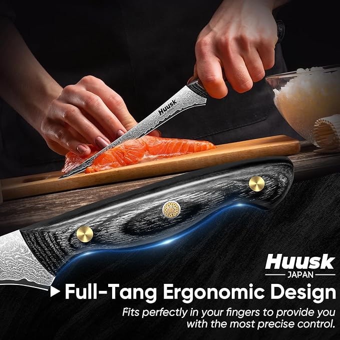Huusk Damascus Fish Fillet Knife - 7 inch Flexible boning knife with VG10 Core, Kitchen Slicing Knife with Full Tang Handle, Birthday Dad Mom Gift