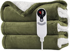 Electric Heated Blanket Twin Size 62"x84" - Microplush & Sherpa Fabric Dual-Sided, 6 Heat Settings & 1-10 Hours Auto Off , Cozy Warming Throw for Home, Office, or Bed, Machine Washable, Olive Green