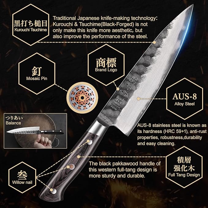 8 Inch Chef Knife, Japanese Chefs Knife Black Forged Kitchen Knife with AUS-8 Alloy Steel and Full Tang Pakkawood Handle, Christmas Gift with Premium Box