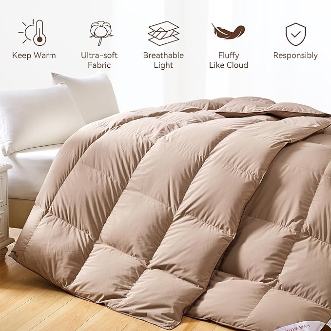 SNOWMAN Premium Down Comforter Palatial King Size, Luxurious All Season Duvet Insert with Cotton Blended Fabric, 53oz Fill Weight 3D Baffle Box Design Hotel Bedding Comforter (Khaki,120"x98")