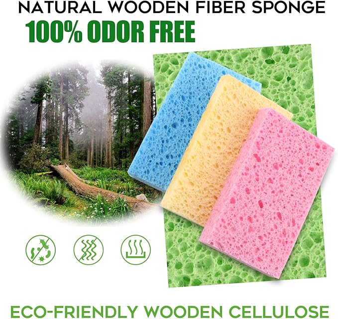 Cleaning Scrub Colored Sponge,Non-Scratch Kitchen Cellulose Dishwashing Sponge,16Pack Biodegradable Natural Sponge