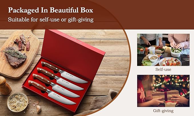 HEZHEN 5.3 Inch Steak Knives, Non Serrated Steak Knife Set of 4, German Steel Steak Knife Set,Professional Straight Sharp Edge Knives - Full Tang Ergonomic Handle