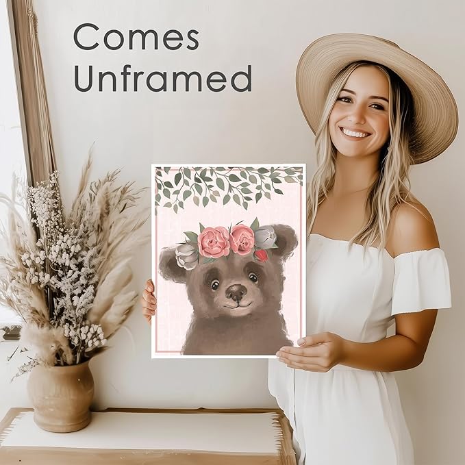 Woodland Animals Nursery Wall Art Prints (Set of 6) - Unframed - 8x10s | Set Includes Bear, Fox, Owl, Deer, Bunny Rabbit, and Raccoon wearing Floral Crowns