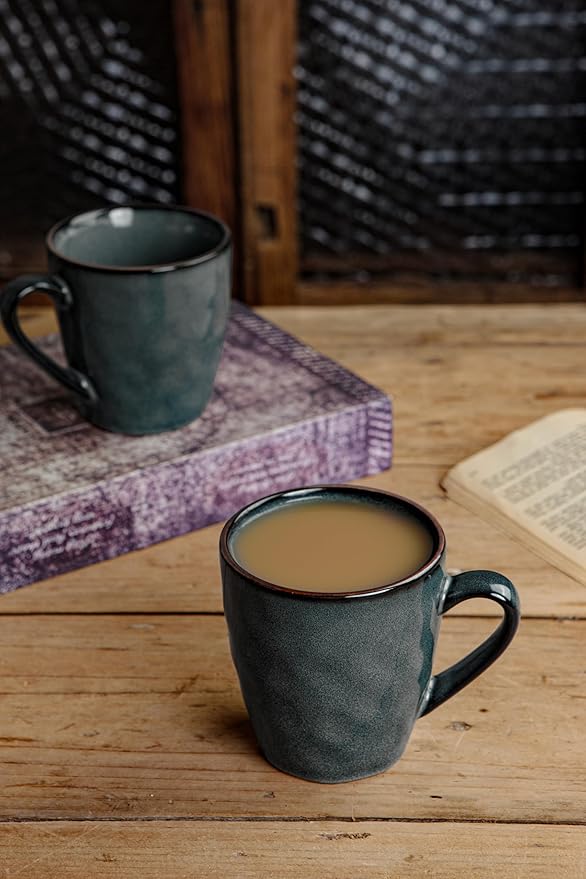 famiware Coffee Mugs Set of 4, Ocean Round 11.5oz Coffee Cup Set with Handle for Cocoa, Milk, Hot Chocolate, Tea or Water, Stoneware Cups for Kitchen, Microwave Dishwasher Safe, Deep Forest