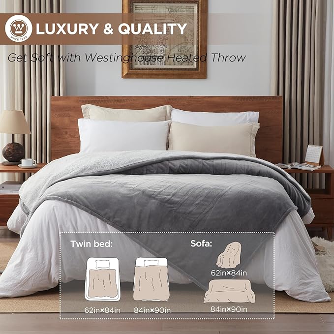 Westinghouse Heated Blanket Twin Size, Soft Flannel to Sherpa Electric Blanket with 10 Heating Levels, 12 Hours Auto Off, Fast Heating, Machine Washable, 62x84 Inch, Light Grey