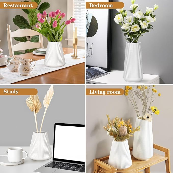 White Ceramic Vase, GUKJOB Small Cute Flower Vase for Pampas Grass, Home, Living Room, Dining Table, Farmhouse, Office Decor, Bedroom, Table, and Kitchen Shelf (White- 2PCS)