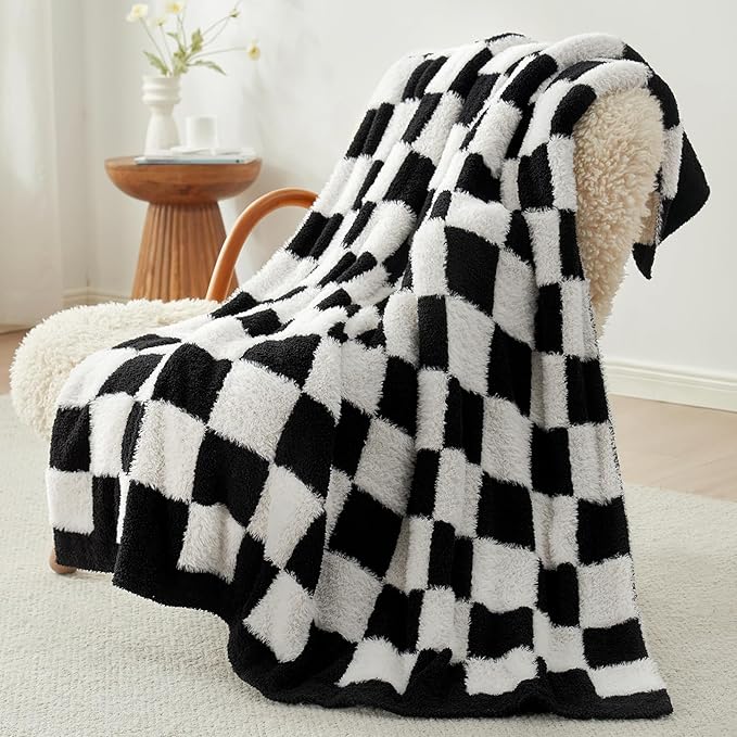 Snuggle Sac Faux Fur Checkered Blanket Twin Size with Soft Knitted Microfiber Fabric,Cozy Soft Warm Blanket for Sofa Bedroom Living Room,Black Checker,60x80 inches