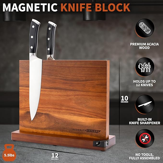 Magnetic Knife Block, Acacia Wood Magnetic Knife Holder for Kitchen Counter Universal Knife Block Without Knives (12 x 10 With Sharpener)