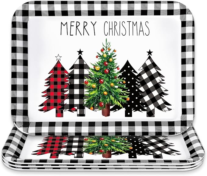 3Pcs Christmas Serving Trays Black and White Plaid Xmas Tree Platter Rustic Serving Dishes for Holiday Party Sharing Snacks Fruit Dessert Candy