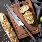 SHAN ZU 8 Inch Japanese Bread Knife, 9 Layers 10Cr15MoV High Carbon Steel Bread Knives for Homemade Bread, Sharp Sourdough Bread Knives with Red Sandalwood Handle, Long Serrated Bread Cutting Knife
