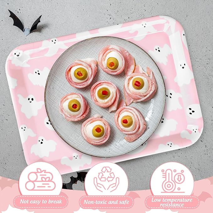 3Pcs Halloween Serving Trays Pink Ghost Platter Cute Ghost Reusable Serving Dishes for Birthday Baby Shower Party Sharing Snacks Fruit Dessert, 13 x 10 Inch