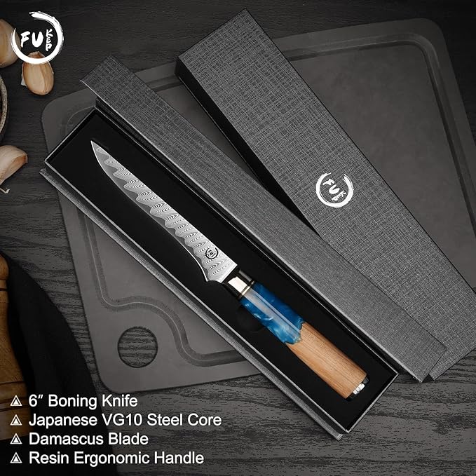 6-Inch Boning Knife, VG10 Damascus Steel Core, Ultra-Sharp Fillet Knife for Fish & Meat Cutting, Ergonomic Blue Resin & Wood Handle, Ideal Gift for Chefs and Cooking Lovers