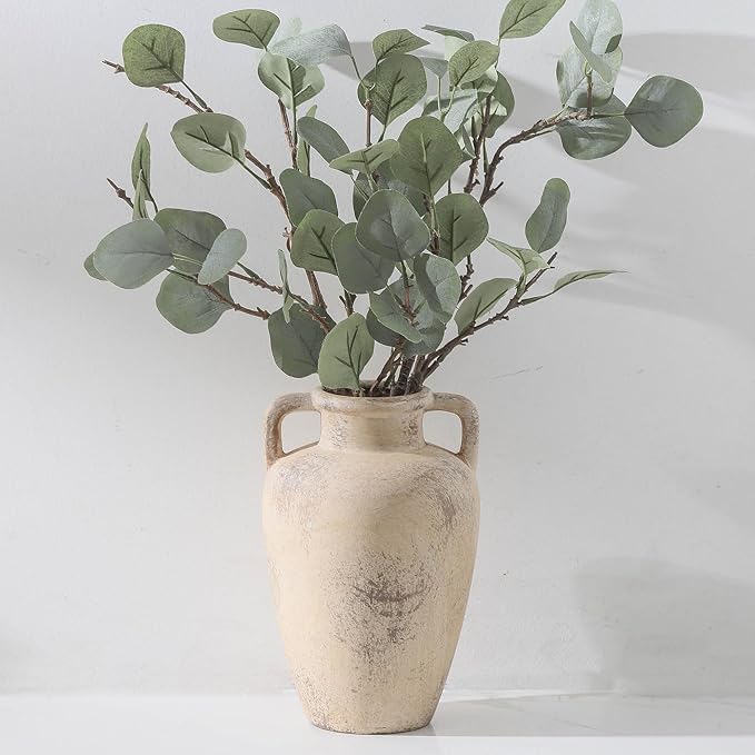 Ceramic Flower Vase, 8.85 inch Tall Terracotta Vase with 2 Handles, Rustic Farmhouse Vase for Home Decor, Living Room Shelf Decor, Enterway, Table