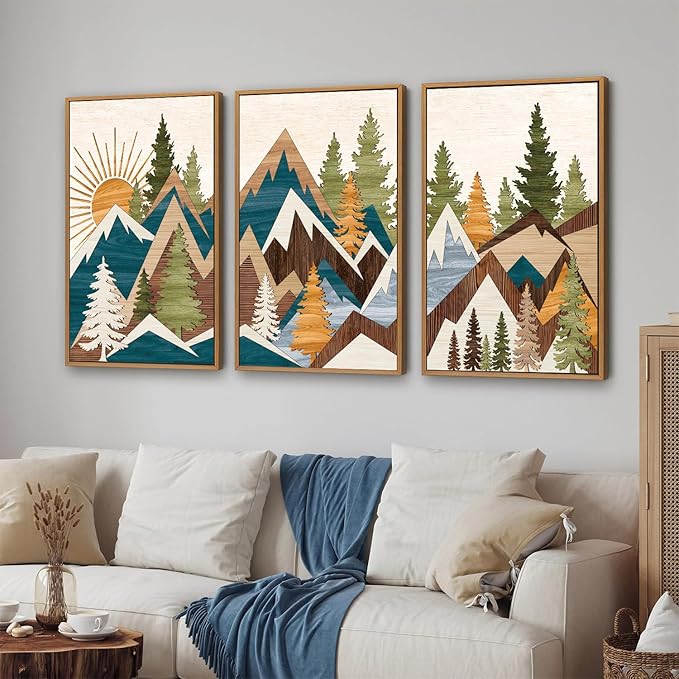 Tinonedraw Large Metal Mountain Framed Canvas Wall Art, Boho Rustic Sunrise Forest Wall Decor, 3 Piece Modern Nature Artwork, Vintage Wilderness Art Print for Living Room Bedroom Office 24"x36"x3