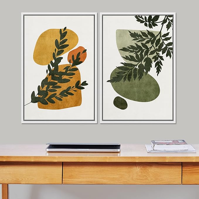 SIGNFORD Framed Canvas Print Wall Art Set Mid-Century Forest Fern Leaf Collage Abstract Shapes Illustration Modern Art Decorative Nordic Nature for Living Room, Bedroom, Office - 24"x36"x2 White