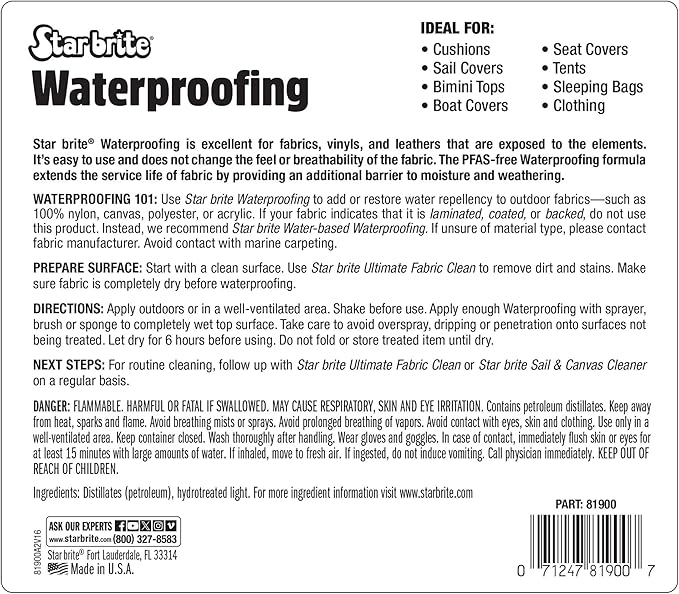 STAR BRITE Waterproofing Spray, Waterproofer + Stain Repellent + UV Protection for Boat Covers, Car Covers, Bimini Tops, Tents, Jackets, Backpacks, Boots, Awnings, Patio Covers & More