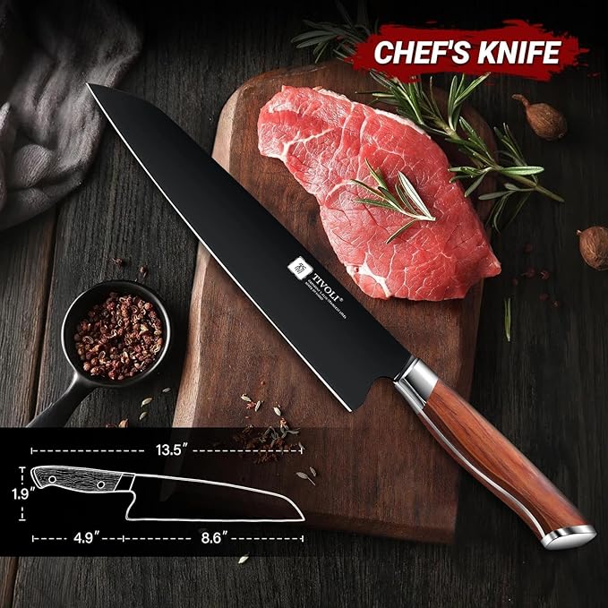 TIVOLI Chef Knife, 8 Inch Professional Cooking Knife, High Carbon Steel Ultra Sharp Deep Cutting Knife with Full Tang Ergonomic Wood Handle, Gift for Men Women Christmas