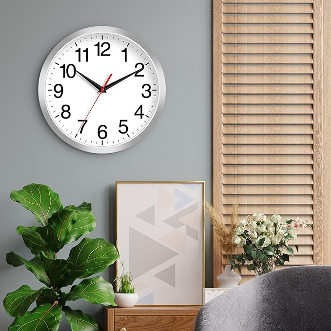 12 Inch Wall Clock Modern Battery Operated Silent Non Ticking Analog Clock Decorative for Bedroom Kitchen Bathroom Office Home Living Room (Silver)
