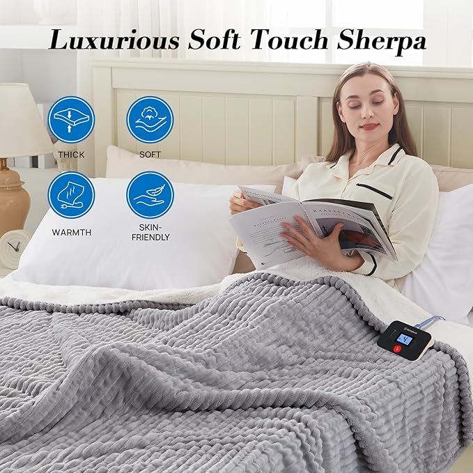 Westinghouse Queen Size Electric Blanket, Flannel to Sherpa Reversible, Heated Blanket Queen with Dual Control 10 Heating Settings & 1-12 Hours Auto Shut Off, Machine Washable, (84" x 90", Light Grey)