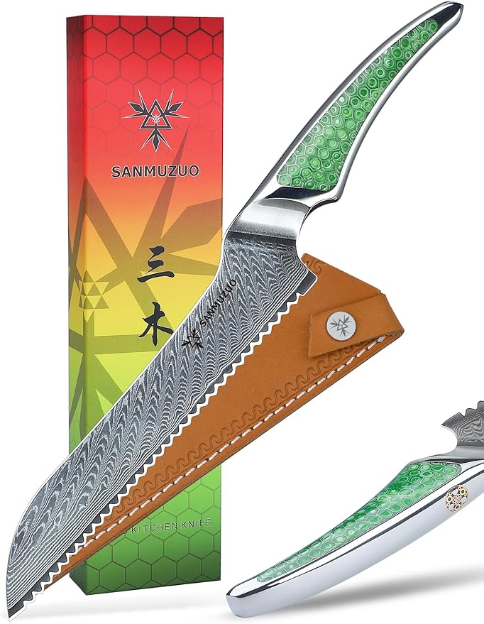 8 inch Serrated Bread Knife, Japanese VG-10 Damascus Steel Kitchen Knife, Ultra Sharp Bread Cutting Knife with Full-tang Handle in Green Resin, LA-S9 Series