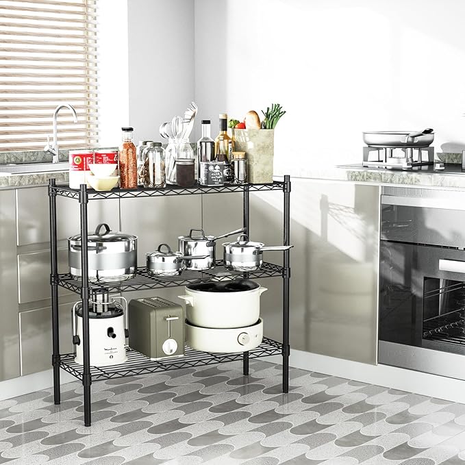 Auslar 3-Shelf Storage Wire Shelves Heavy Duty 3 Tiers Standing Shelving Units Adjustable Metal Organizer Wire Rack, Black