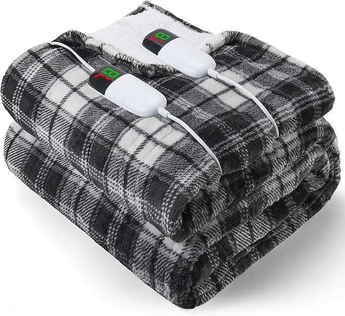 Heated Electric Blanket Queen Size, 84X90 Heating Blanket Queen with Dual Control&10 Heats Levels&Timer for Bed,Black Plaid Sherpa Large Blankets Warmer Gift for Grandma Women Adults, Washable,ETL