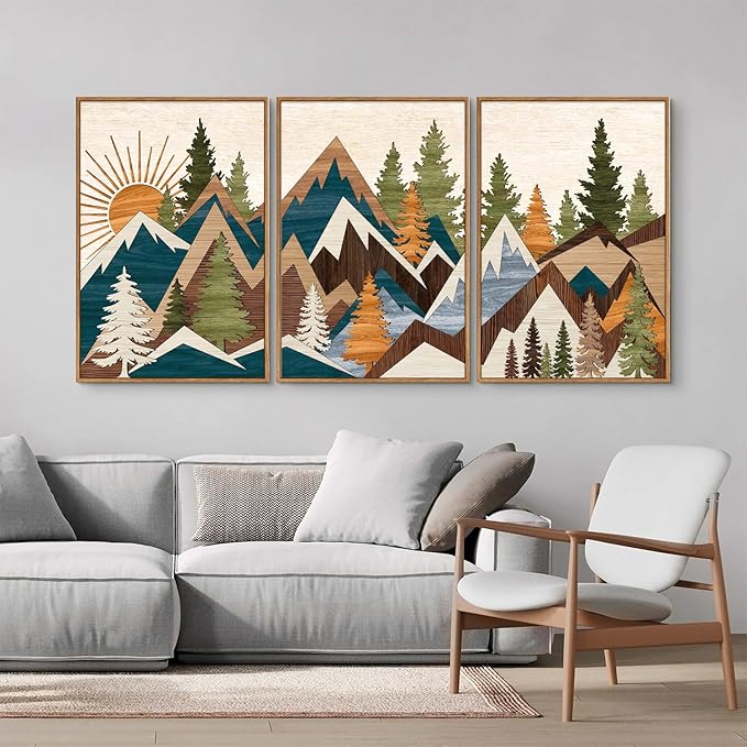 Tinonedraw Large Metal Mountain Framed Canvas Wall Art, Boho Rustic Sunrise Forest Wall Decor, 3 Piece Modern Nature Artwork, Vintage Wilderness Art Print for Living Room Bedroom Office 24"x36"x3