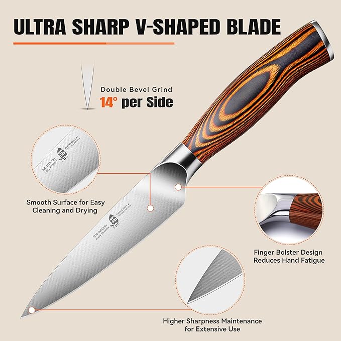 TUO Paring Knife, 4 inch Small Kitchen Knife for Fruit Peeling, High Carbon German Stainless Steel, Ergonomic Pakkawood Handle - Fiery Phoenix Series