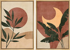 SIGNFORD Framed Canvas Print Wall Art Set Sun & Moon Mid-Century Desert Plants Abstract Shapes Illustration Modern Art Decorative Nordic Nature for Living Room, Bedroom, Office - 16"x24"x2 Natural