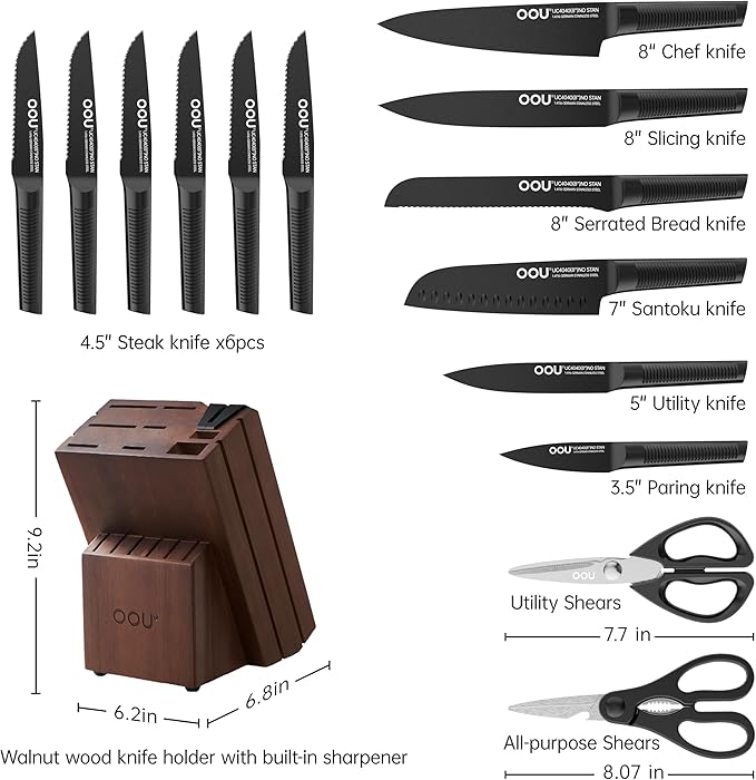 OOU Kitchen Knife Set - 15 Pcs High Carbon Stainless Steel Chef Knife Sets, Dishwasher Safe Black Knives Block Set With Built in Sharpener, Gifts for Men Women