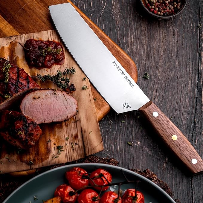 Zepter Felix MIU Chef Knife, 8in long global kitchen knife. Butcher knife for meat cutting, vegetable&bread slicing. Chef's walnut handle, sharp carbon steel, handmade Germany cooking tools est. 1790
