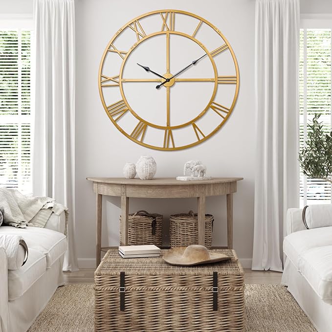 Large Wall Clock for Living Room Decor – 48 inch Silent Non-Ticking Modern Farmhouse Wall Clock, Oversized Decorative Metal Roman Numeral Clock, Gold