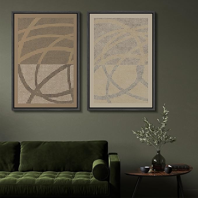 SIGNFORD Framed Canvas Print Wall Art Set Geometric Dot Patterns Earthy Beige and Brown Contrast Illustration Modern Art Decorative Nordic Nature for Living Room, Bedroom, Office - 24"x36"x2 Black