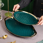 Stone Lain Florian Porcelain Large and Medium Oval Platters with Handle, Service Set, Green with Gold Rim