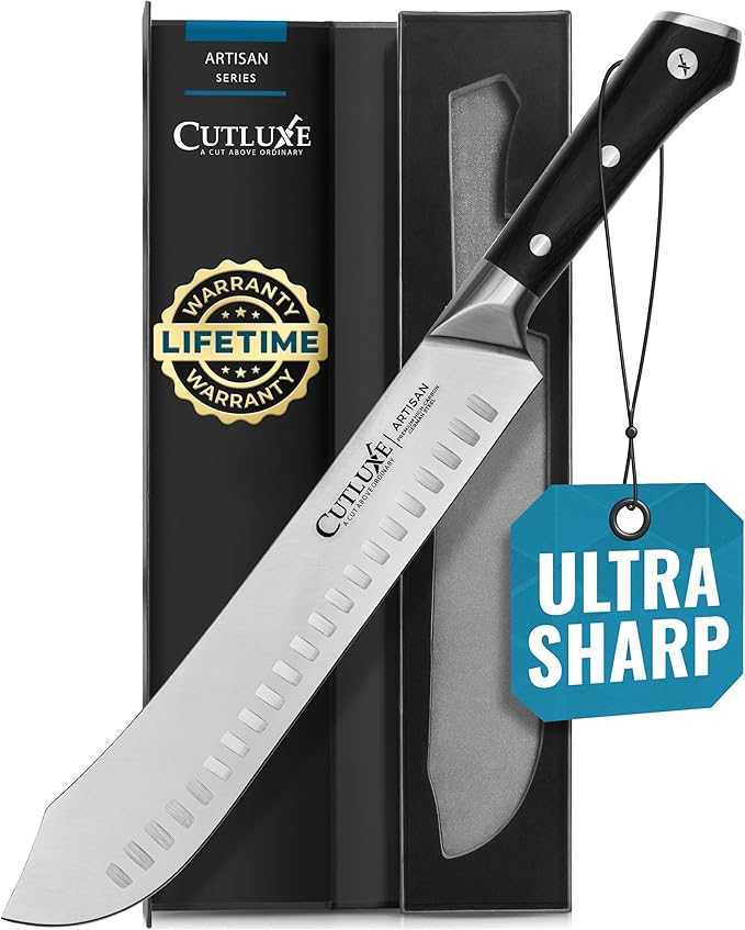 Cutluxe Butcher Knife – 10″ Bullnose Carving Knife, Forged High Carbon German Steel – Full Tang & Razor Sharp – Ergonomic Handle Design – Artisan Series