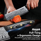 Huusk Damascus Nakiri Knife 7inch - Japanese Knives with Sharp Edge and Wooden Handle, Hand Forged Chef Knives for Home Use, Meat Vegetables Fish Knives, Birthday Dad Mom Gift
