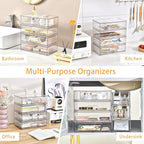 2 Pack Stackable Makeup Organizer, 12.1''L Acrylic Bathroom Organizer and Storage Undersink Drawer, Cosmetics and Beauty Supplies,Clear Plastic Storage Bins for Desk,Cabinet,Kitchen,Vanity,Pantry