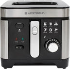 West Bend Deep Fryer with Adjustable Temperature Control Nonstick Basket Easy-View Window and Temperature Guide, Folding Handle and Locking Cover for Easy Storage, 3-Liter, Silver