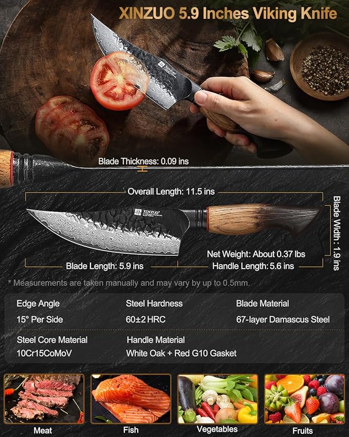 XINZUO 5.9 Inch Viking Knife With Ergonomic Wood Handle,Hand Forged High Carbon Steel Boning Knives For Kitchen Meat Cutting