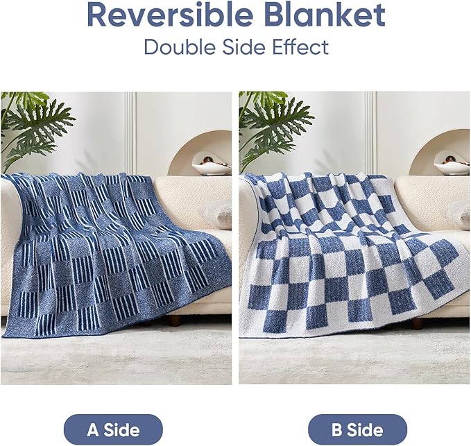 Snuggle Sac Navy Faux Fur Checkered Blanket Twin Size with Soft Knitted Microfiber Fabric,Fluffy Soft Warm Blanket for Sofa Bedroom,Cute Lightweight Striped Throws for Women,Heather Navy,60x80 inches