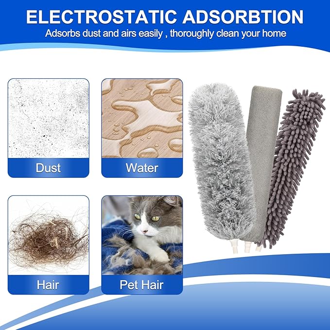 Microfiber Duster with Extension Pole(Stainless Steel) 30 to 100 Inches, Washable Dusters, Reusable Dusters, Bendable Duster for High Ceiling, Cleaning Ceiling Fan, Furniture, Blinds, Cars