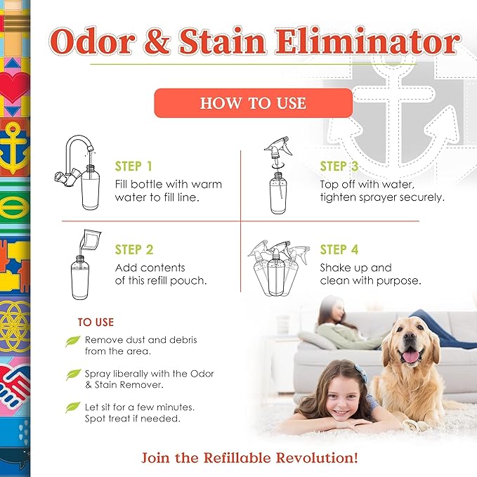 Multi-Purpose Odor & Stain Eliminator, Pet Odor Eliminator for Home & Stain Remover for Carpet, Couch, Rugs & More, Upholstery Deodorizer, Includes 1 Empty Bottle Spray & 2 Refill (3 oz ea)