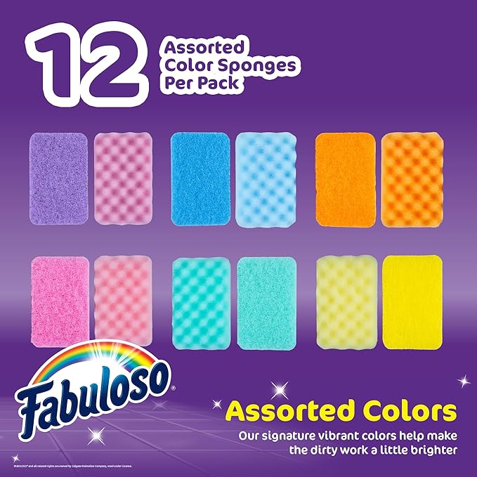 Fabuloso Sponges, Rainbow - Assorted Color Scratch-Free Scrubber for Dishes and Surfaces - Dishwashing Sponge for Bold and Bright Cleaning Experience, 12 Count