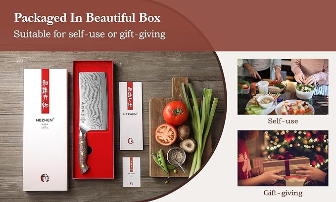 HEZHEN Meat Cleaver Knife,7 Inches, 67 Layers Damascus Steel Kitchen Knife, Professional Cleaver Knife for Meat and Vegetable Cutting, Ultra Sharp, Ergonomic Micarta Handle, Gift Packing