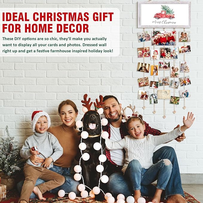 Christmas Card Holder Display Wall Hanging Collage Picture Frames Interchangeable Holiday Decor Clips Photo Holders Merry Christmas Sign Wooden Photo Holder for Gift Card Holder Xmas Party Decor